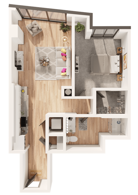 Floor plan for 1 bed, 1 bath, 725 sqft