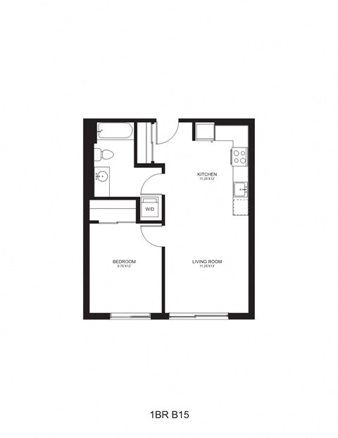 Floor plan for 1 bed, 1 bath, 587 sqft