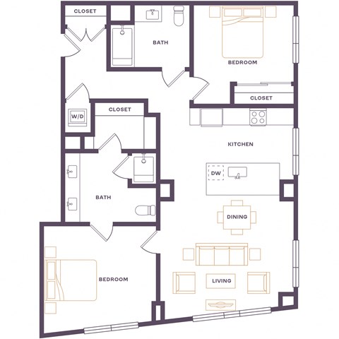 Floor plan for 2 beds, 2 baths, 981 sqft