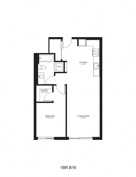 Floor plan for 1 bed, 1 bath, 716 sqft
