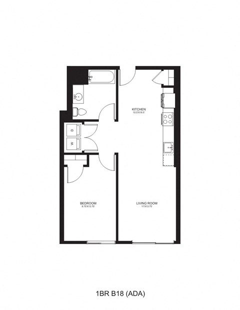 Floor plan for 1 bed, 1 bath, 728 sqft