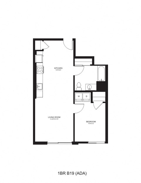 Floor plan for 1 bed, 1 bath, 717 sqft