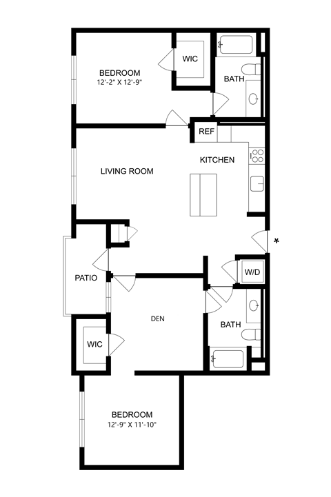 Floor plan for 2 beds, 2 baths, 1219 sqft