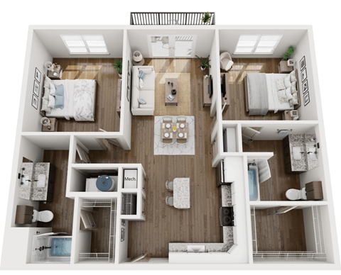Floor plan for 2 beds, 2 baths, 1172 sqft