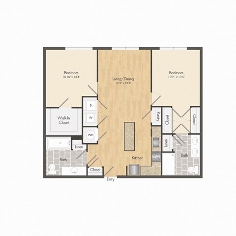 Floor plan for 2 beds, 2 baths, 985 sqft