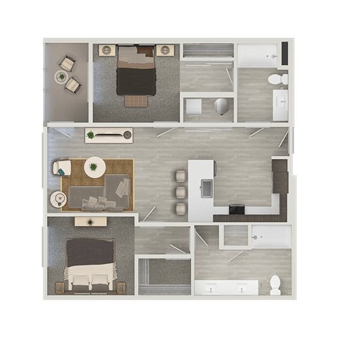 Floor plan for 2 beds, 2 baths, 1035 sqft