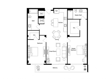 Floor plan for 2 beds, 2 baths, 1141 sqft