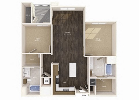 Floor plan for 2 beds, 2 baths, 1156 sqft