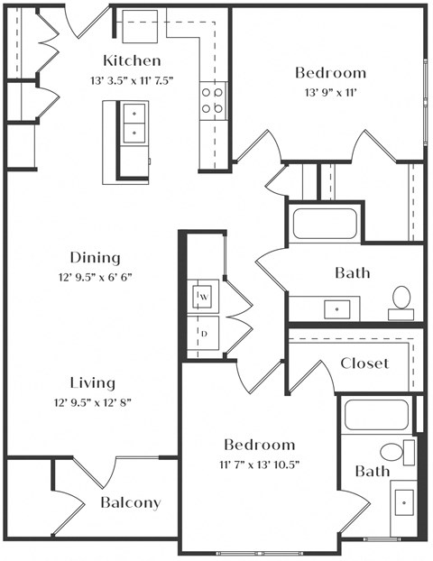 Floor plan for 2 beds, 2 baths, 1081 sqft