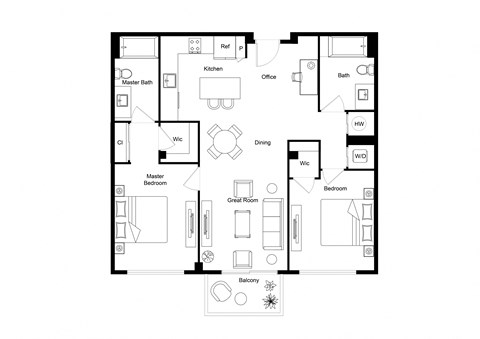 Floor plan for 2 beds, 2 baths, 1110 sqft