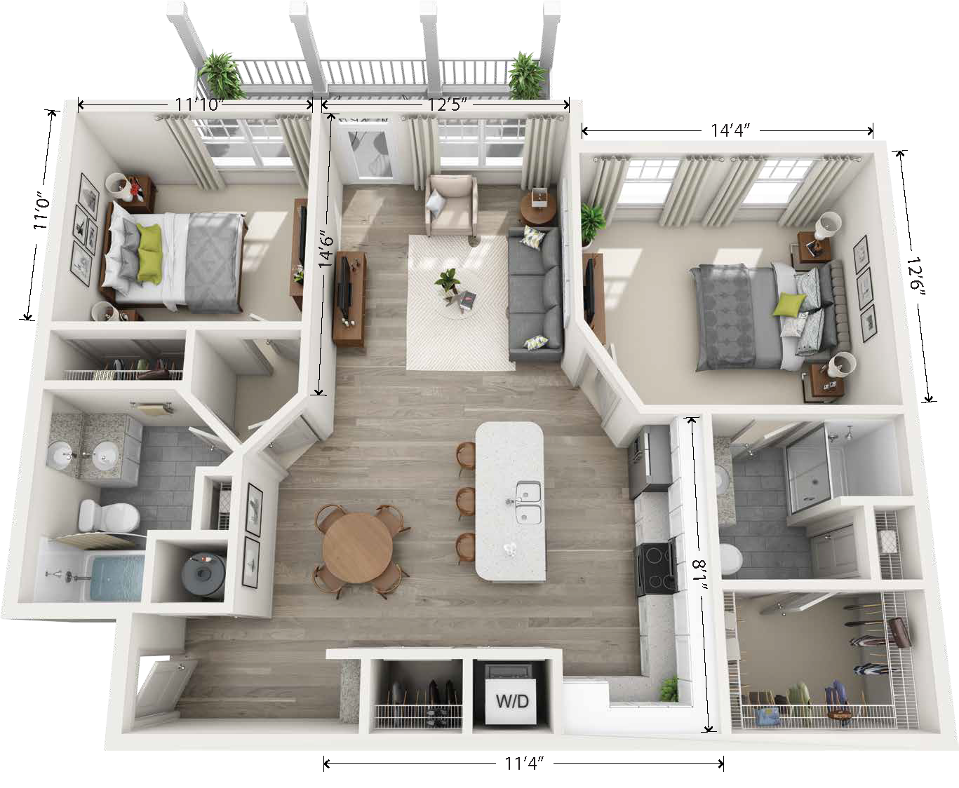 Floor plan for 2 beds, 2 baths, 1122 sqft