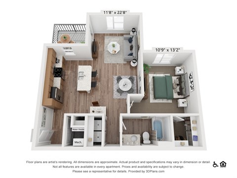 Floor plan for 1 bed, 1 bath, 802 sqft