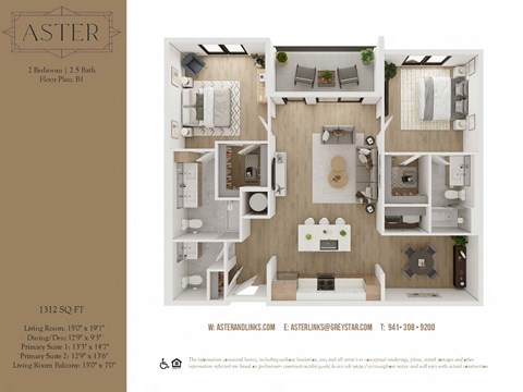 Floor plan for 2 beds, 2.5 baths, 1312 sqft