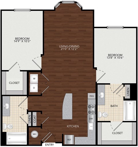 Floor plan for 2 beds, 2 baths, 1113 sqft