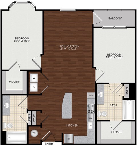 Floor plan for 2 beds, 2 baths, 1117 sqft