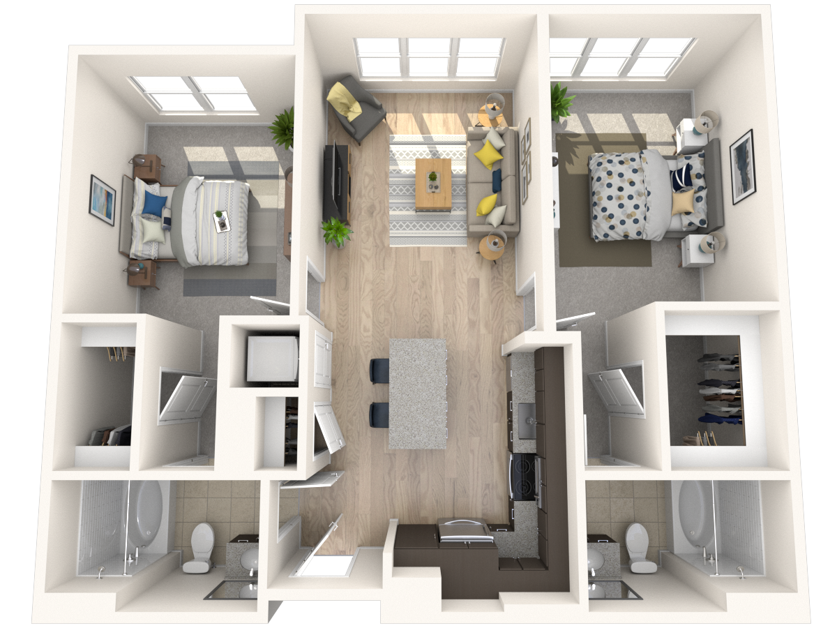 Floor plan for 2 beds, 2 baths, 971 sqft