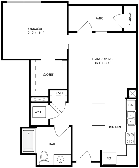 Floor plan for 1 bed, 1 bath, 644 sqft