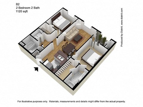 Floor plan for 2 beds, 2 baths, 1120 sqft