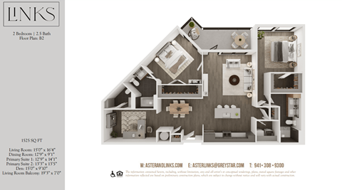 Floor plan for 2 beds, 2.5 baths, 1525 sqft