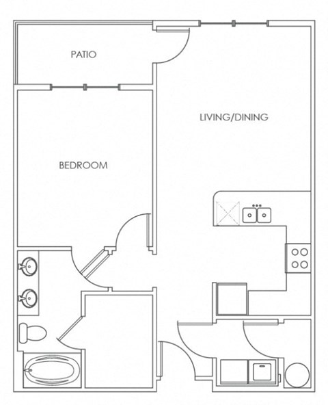 Floor plan for 1 bed, 1 bath, 761 sqft
