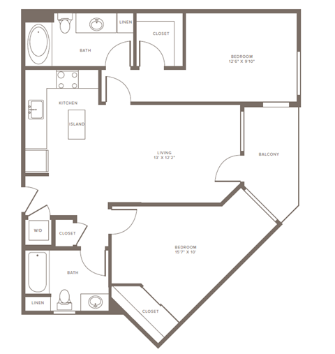 Floor plan for 2 beds, 2 baths, 970 sqft
