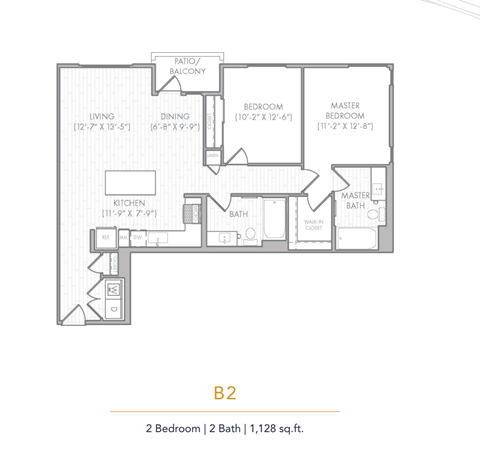 Floor plan for 2 beds, 2 baths, 1128 sqft