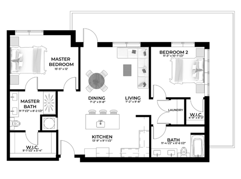 Floor plan for 2 beds, 2 baths, 1071 sqft