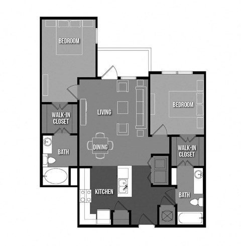 Floor plan for 2 beds, 2 baths, 1010 sqft