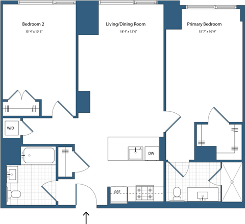 Floor plan for 2 beds, 1 bath, 982 sqft