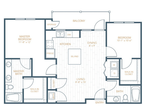 Floor plan for 2 beds, 2 baths, 1002 sqft