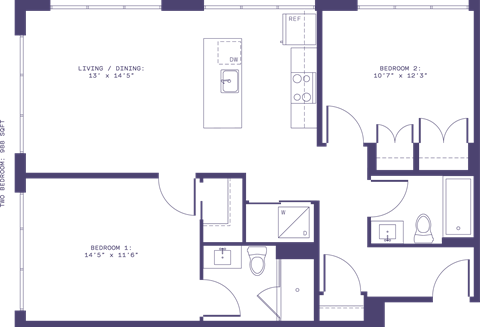 Floor plan for 2 beds, 2 baths, 988 sqft