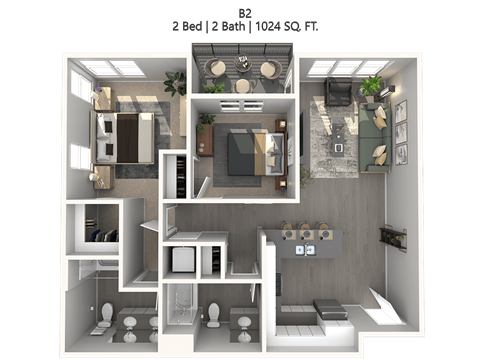 Floor plan for 2 beds, 2 baths, 1024 sqft
