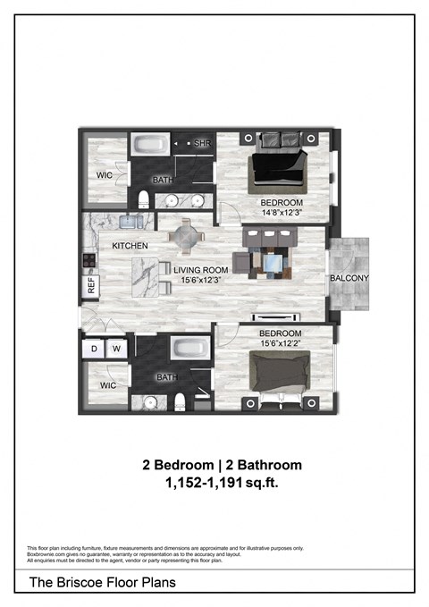 Floor plan for 2 beds, 2 baths, 1152 sqft