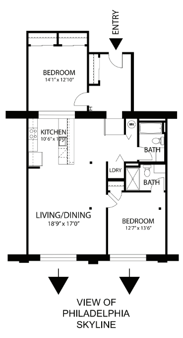 Floor plan for 2 beds, 2 baths, 1175 sqft