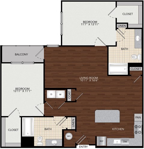 Floor plan for 2 beds, 2 baths, 1220 sqft