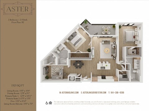 Floor plan for 2 beds, 2.5 baths, 1525 sqft