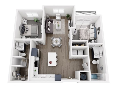 Floor plan for 2 beds, 2 baths, 970 sqft