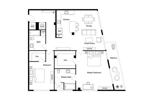 Floor plan for 2 beds, 2 baths, 1388 sqft