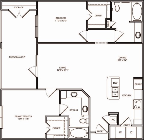 Floor plan for 2 beds, 2 baths, 1180 sqft