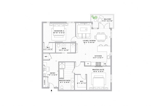 Floor plan for 2 beds, 2 baths, 1192 sqft