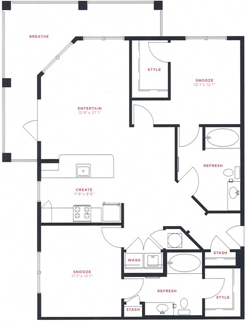 Floor plan for 2 beds, 2 baths, 1136 sqft