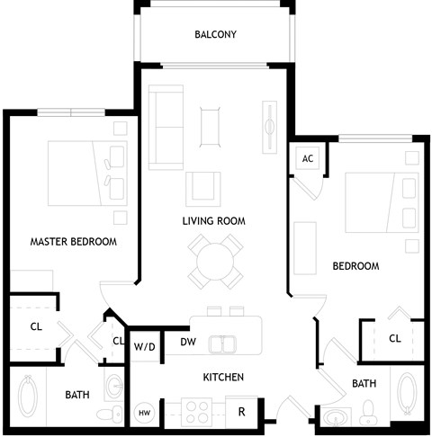 Floor plan for 2 beds, 2 baths, 1038 sqft