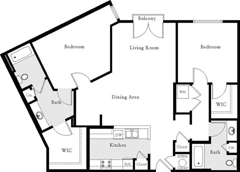 Floor plan for 2 beds, 2 baths, 1254 sqft