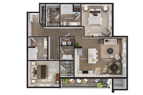 Floor plan for 2 beds, 2 baths, 1054 sqft