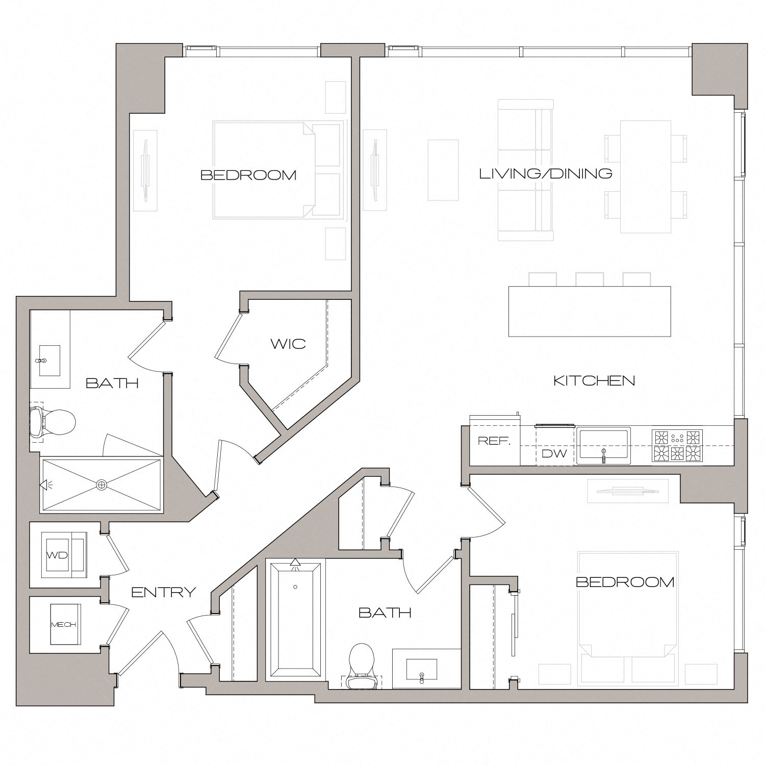 Floor plan for 2 beds, 2 baths, 1070 sqft