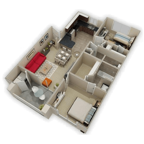 Floor plan for 2 beds, 2 baths, 939 sqft