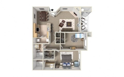 Floor plan for 2 beds, 2 baths, 1050 sqft