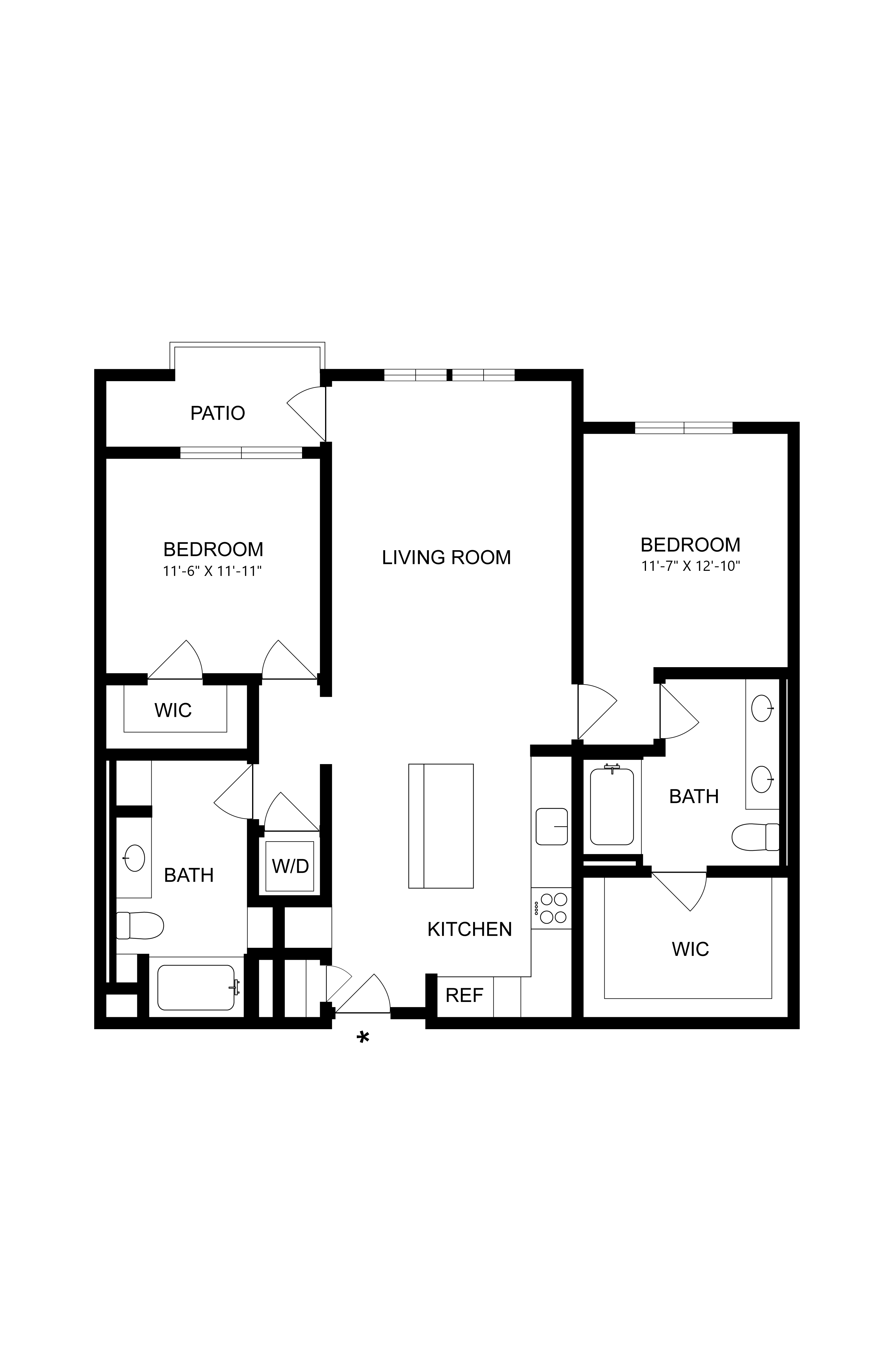 Floor plan for 2 beds, 2 baths, 1155 sqft
