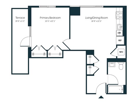 Floor plan for 2 beds, 1 bath, 673 sqft