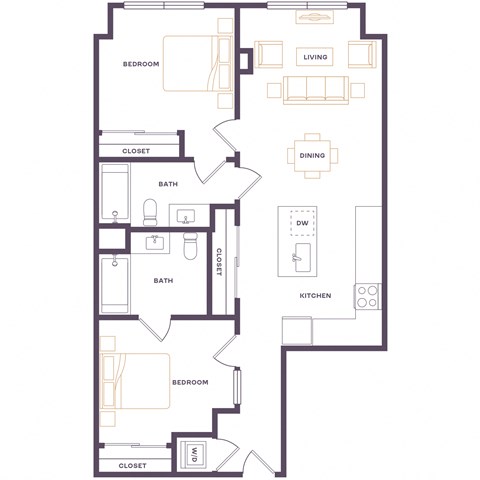 Floor plan for 2 beds, 2 baths, 865 sqft